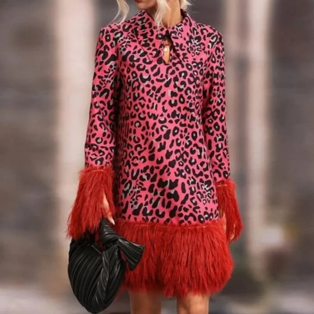 Leopard Print long sleeve Fuzzy Trim Dress - Picture 1 of 7